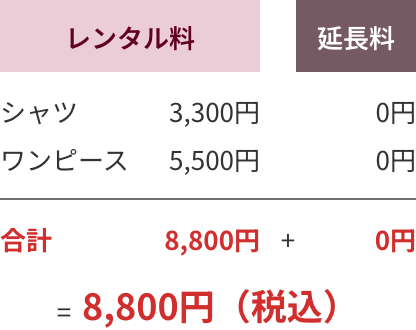 レンタル料　シャツ&yen;3,300（延長料&yen;0）　ワンピース&yen;5,500（延長料&yen;0）　合計&yen;8,800（税込）